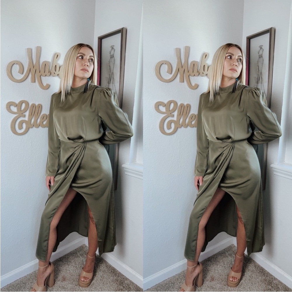 Pretty Garden high neck green elegant lantern sleeve satin swing maxi si…